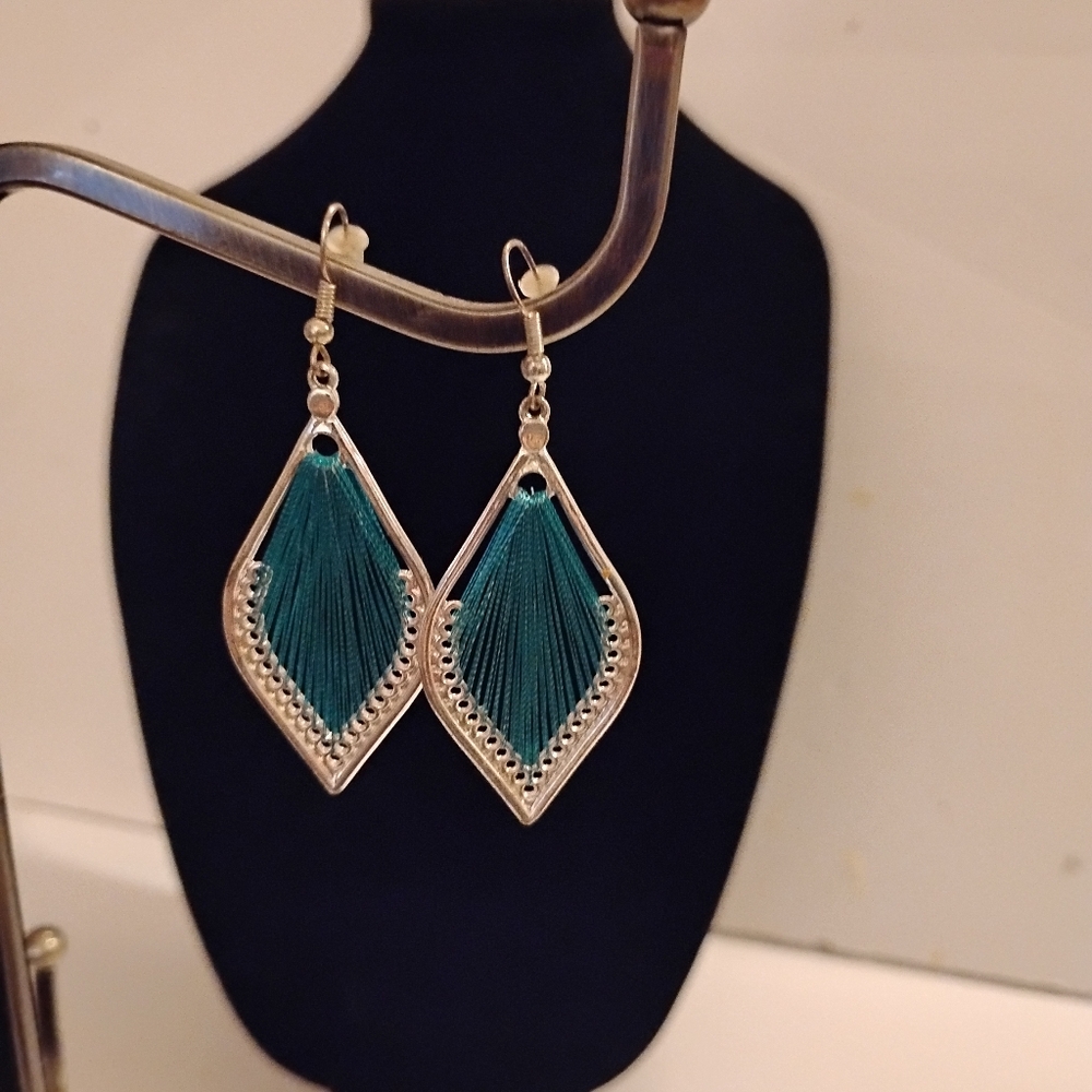 Elegant Teal and Silver Earrings Fine Art Work Teardrop Shape 2' Hanging